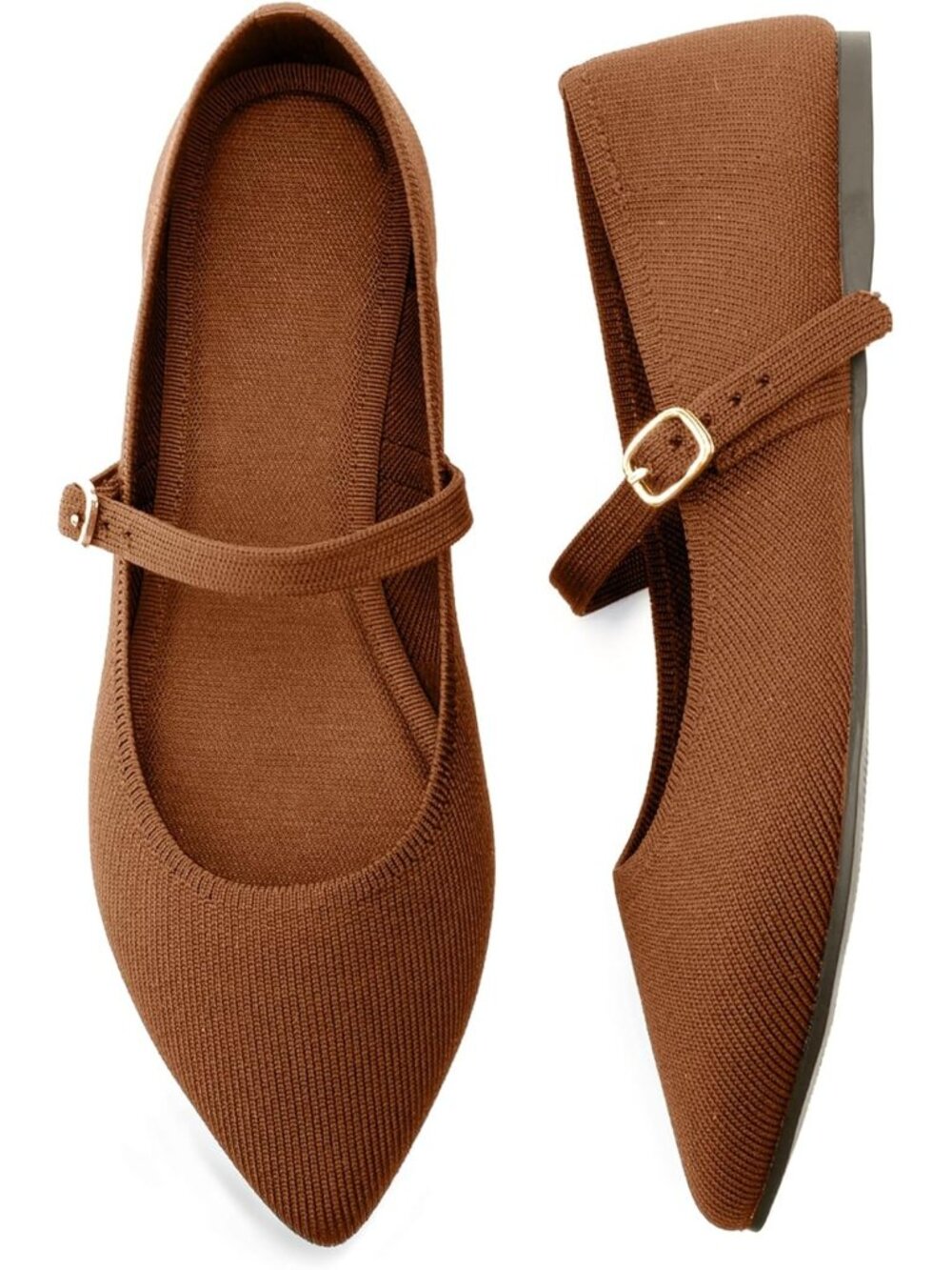 Women's Brown Comfortable Pointed Toe Adjustable Strap Knit Ballet Flat Shoes